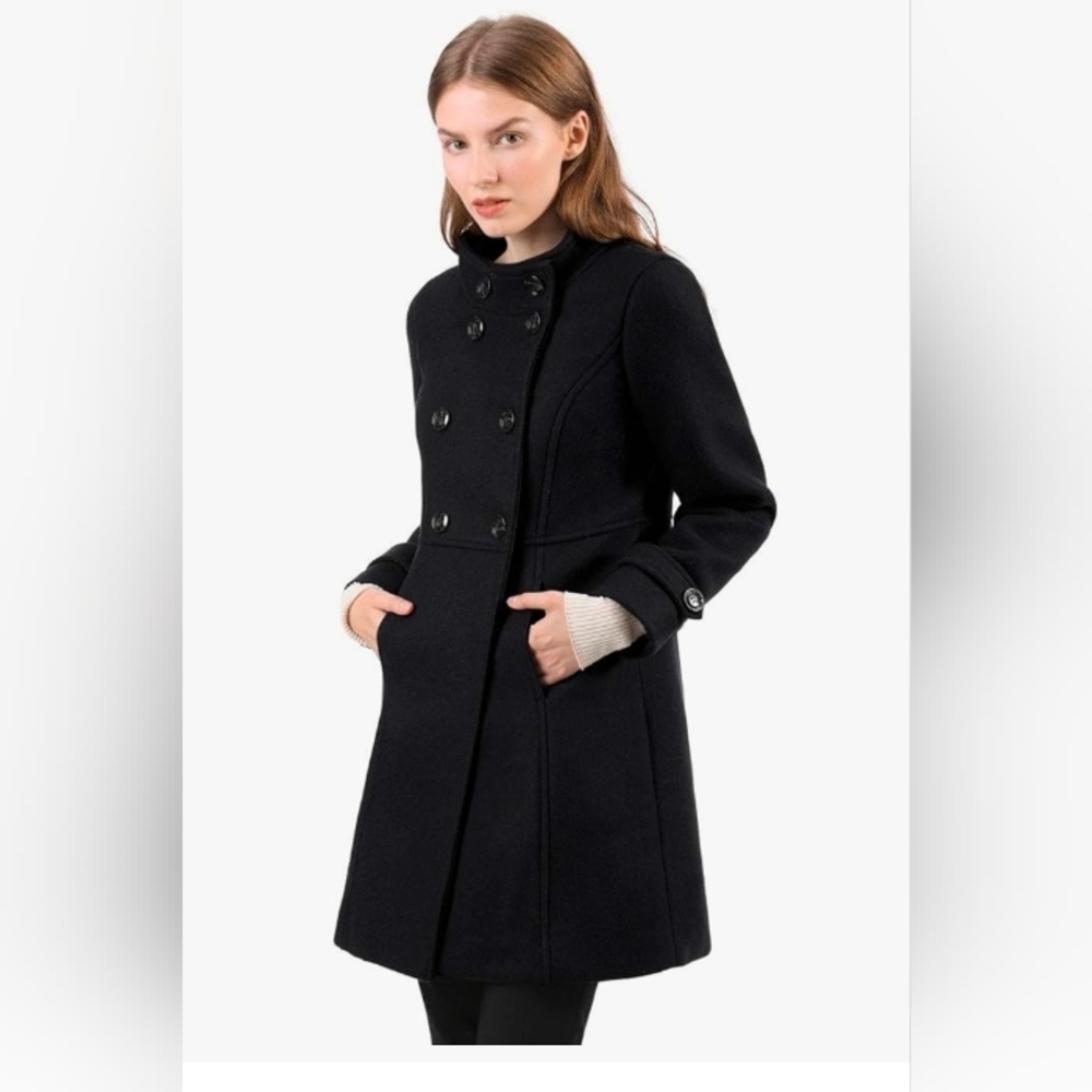 Allegra K Women's Stand Collar Double Breasted Slant Pockets Trendy Outwear Wint